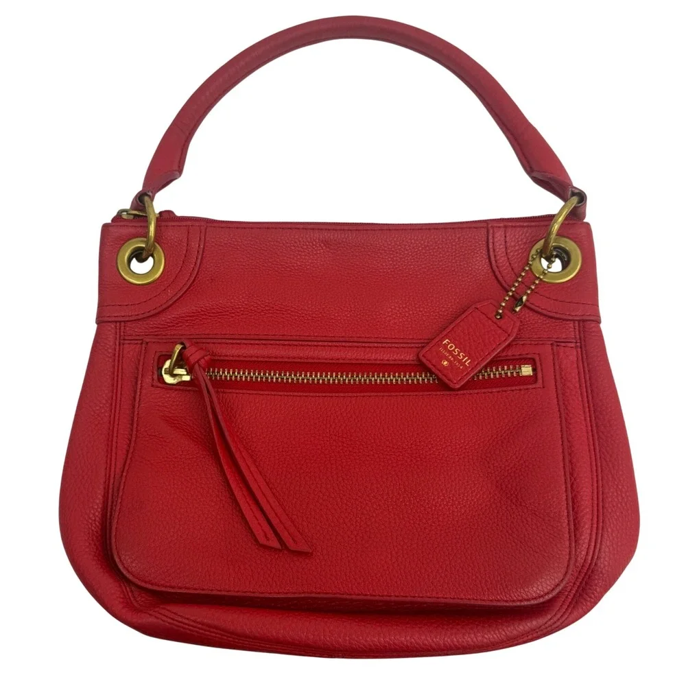Fossil Shoulder Bag Medium Red Pebbled Leather Hobo Brass Hardware Casual